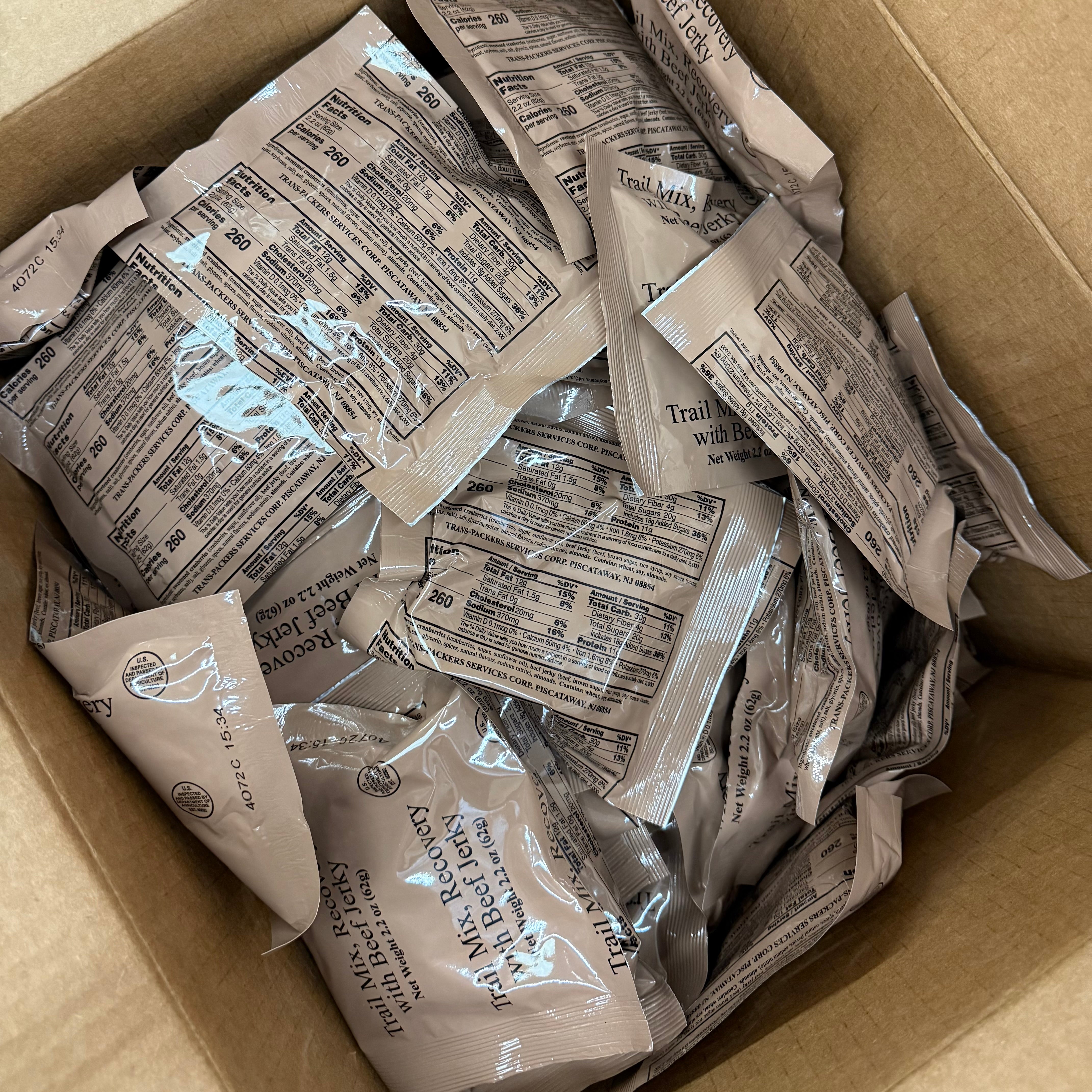 BULK MRE Snack - 100 Pack of Recovery Trail Mix with Beef Jerky (Trans Fat Free)