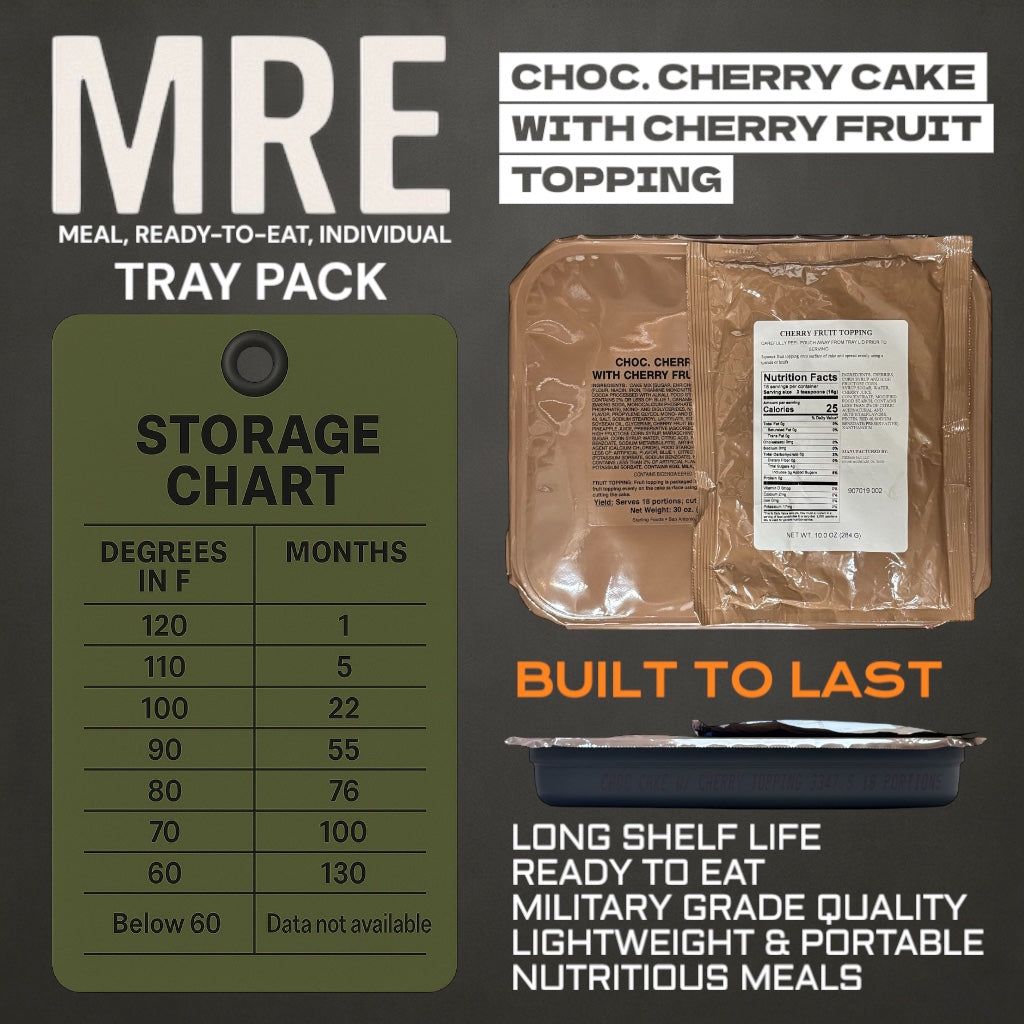 Military MRE Tray Pack, Chocolate Cake with Cherry Fruit Topping, Ready to Eat (UGR Component)