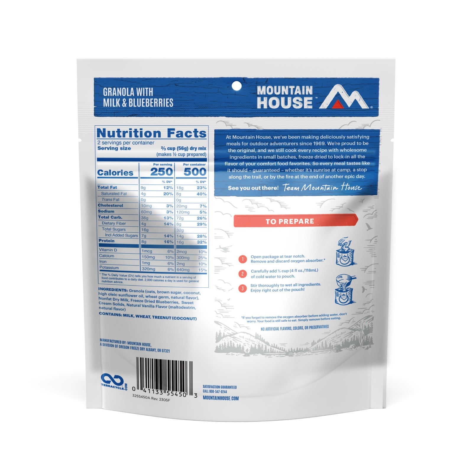 Granola with Milk and Blueberries, Freeze Dried, Mountain House