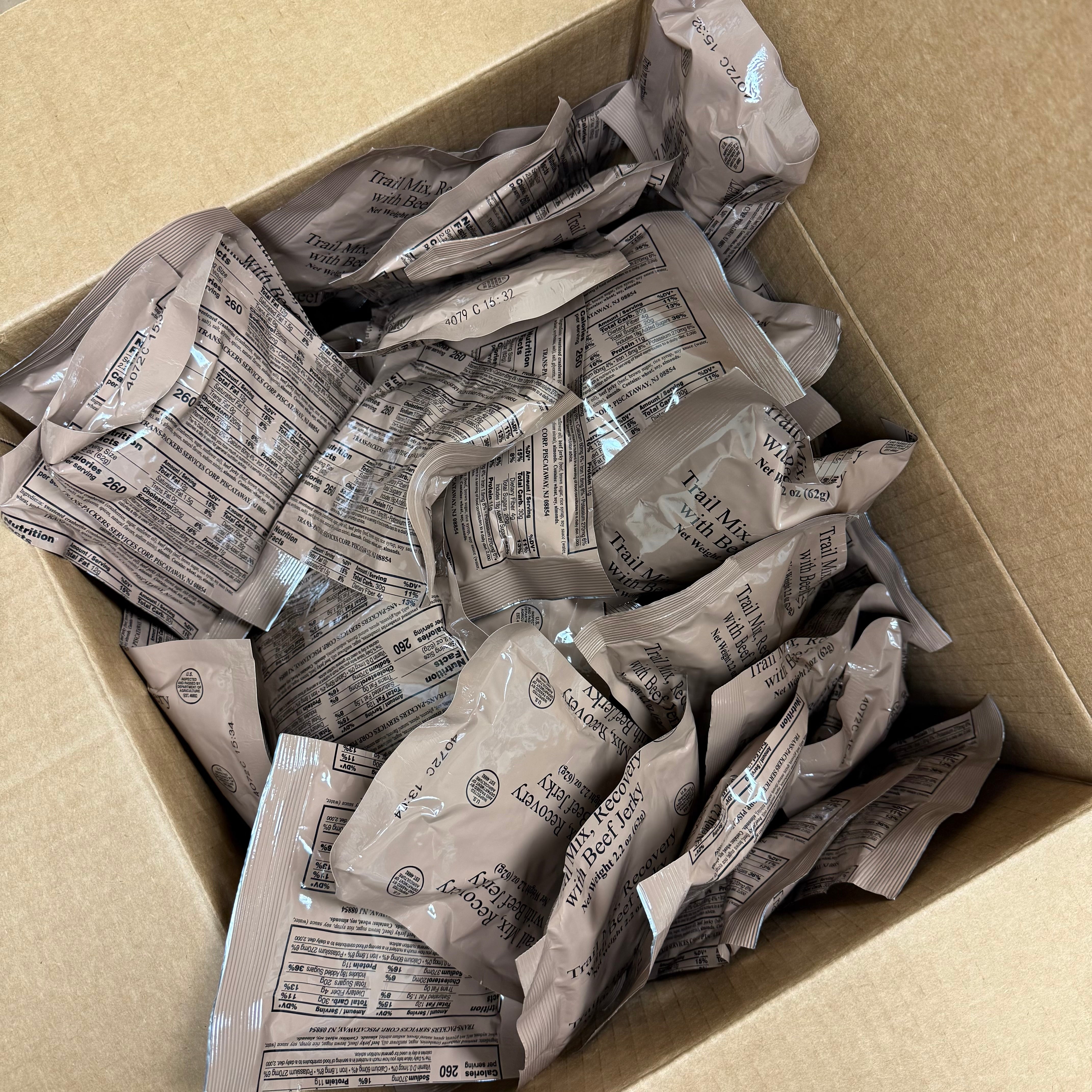 BULK MRE Snack - 100 Pack of Recovery Trail Mix with Beef Jerky (Trans Fat Free)