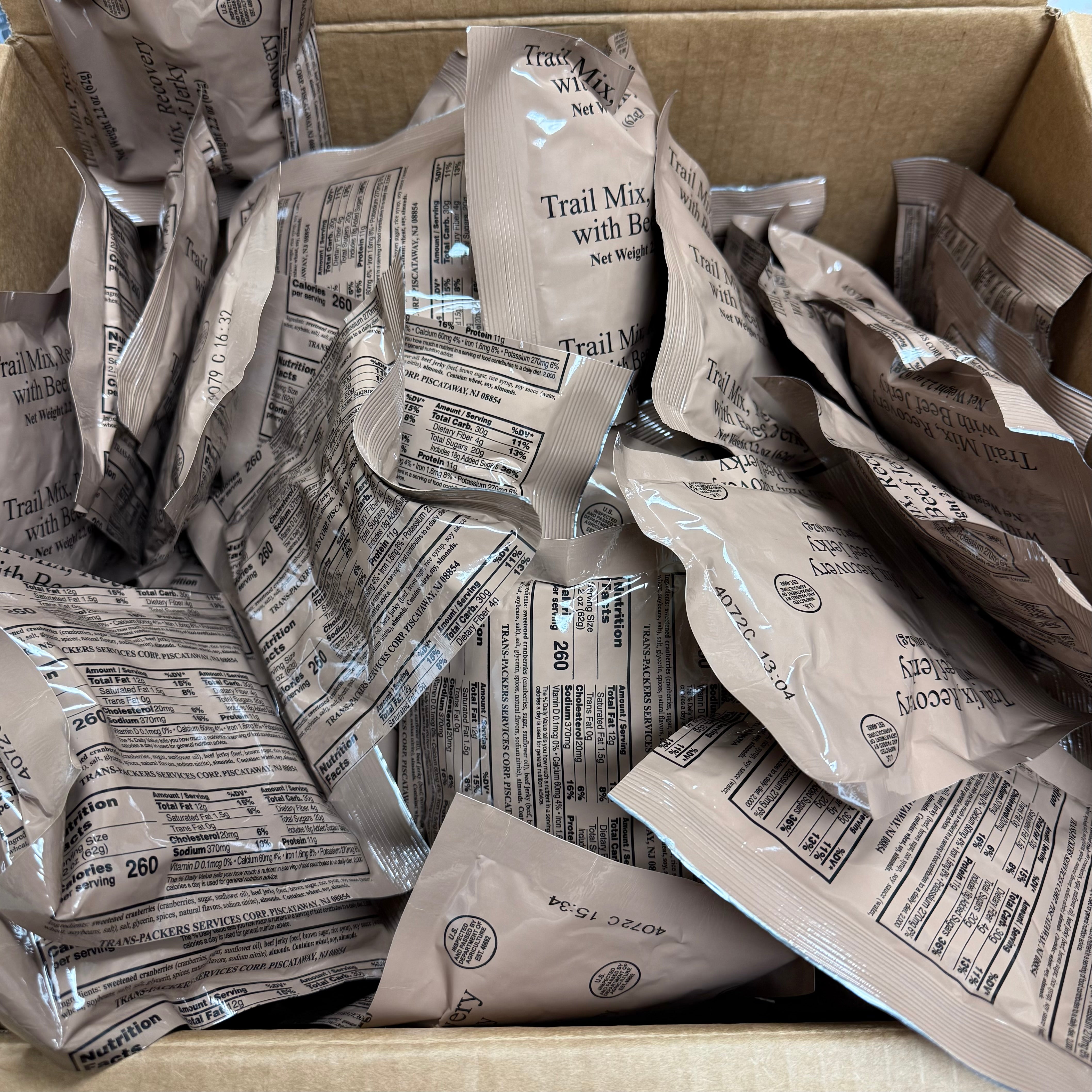 BULK MRE Snack - 100 Pack of Recovery Trail Mix with Beef Jerky (Trans Fat Free)