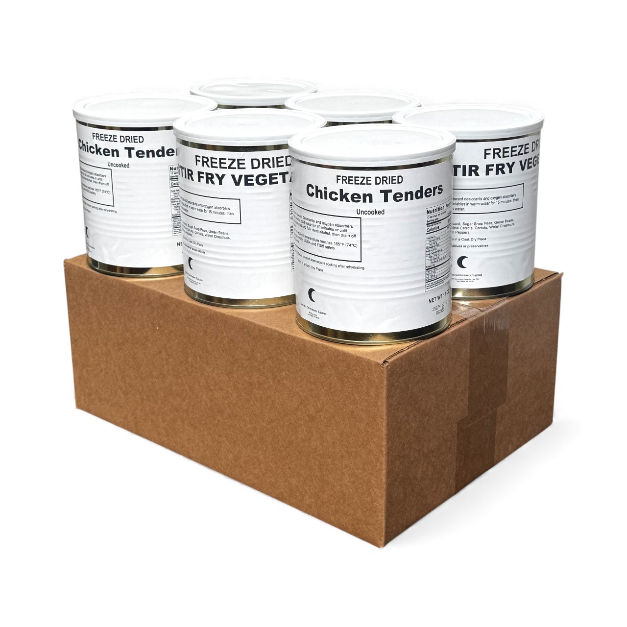 Full Case Military Surplus Stir Fry Chicken Combo – 6 Cans Total (2 Freeze Dried Chicken Tenders + 4 Freeze Dried Stir Fry Vegetables) – 30+ Year Shelf Life – #10 Cans