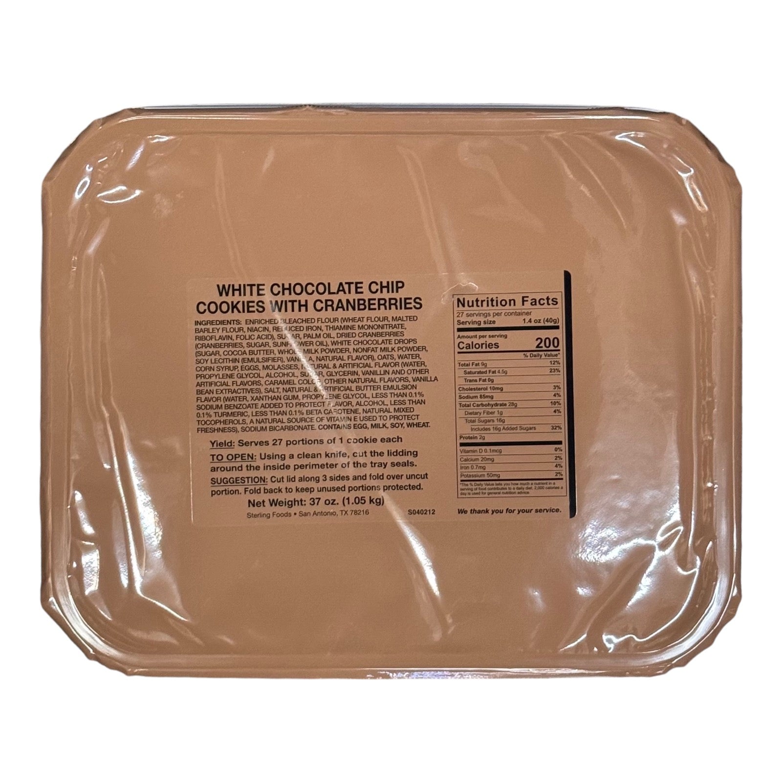 Military MRE Tray Pack, White Chocolate Chip Cookies with Cranberries, Ready to Eat (UGR Component)