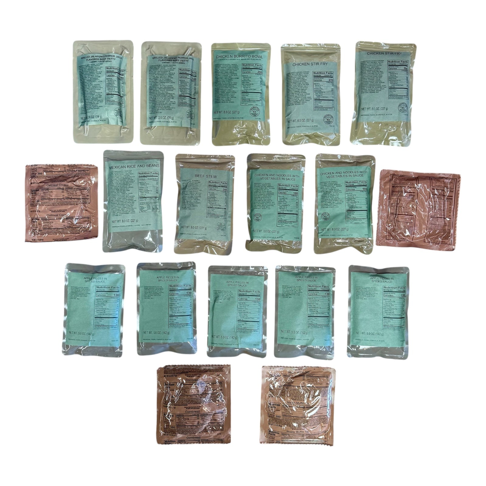 Lot of 18 Military MRE components (2022/2023 Production), Entrees, Sides, Breads, Desserts Variety #1175