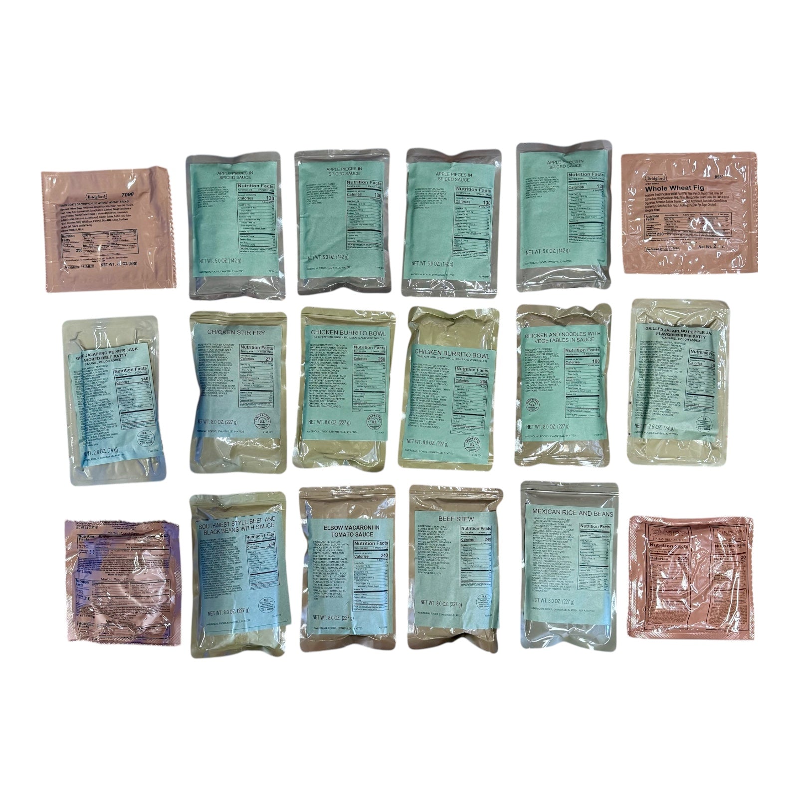 Lot of 18 Military MRE components (2022/2023 Production), Entrees, Sides, Breads, Desserts Variety #1180