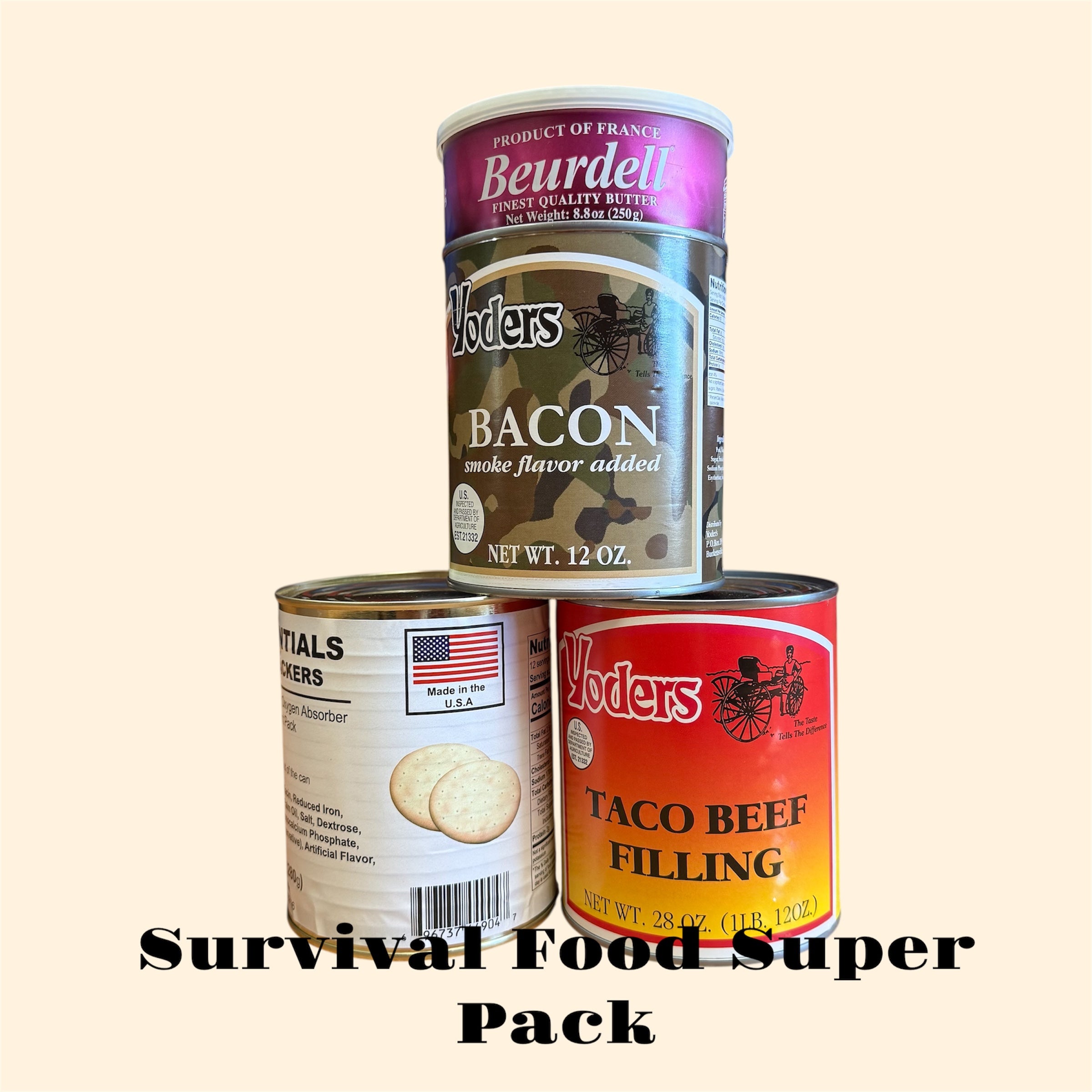 Survival Food Super Pack – 4 Cans of Disaster Preparedness Food (Butter, Bacon, Taco Beef, Pilot Bread)